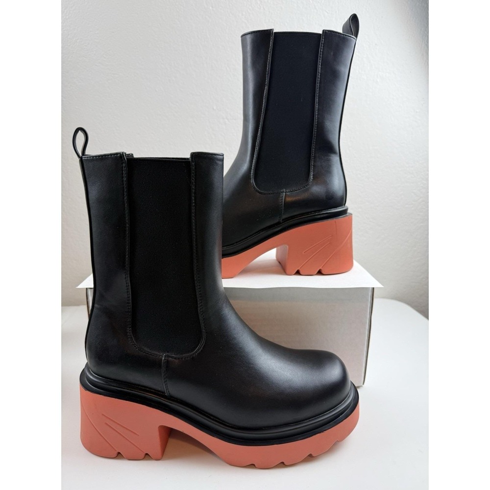 Vivianly Black Chelsea Boot Lug Sole Platform Chunky Heel Slip On Boot Sz 38/7.5